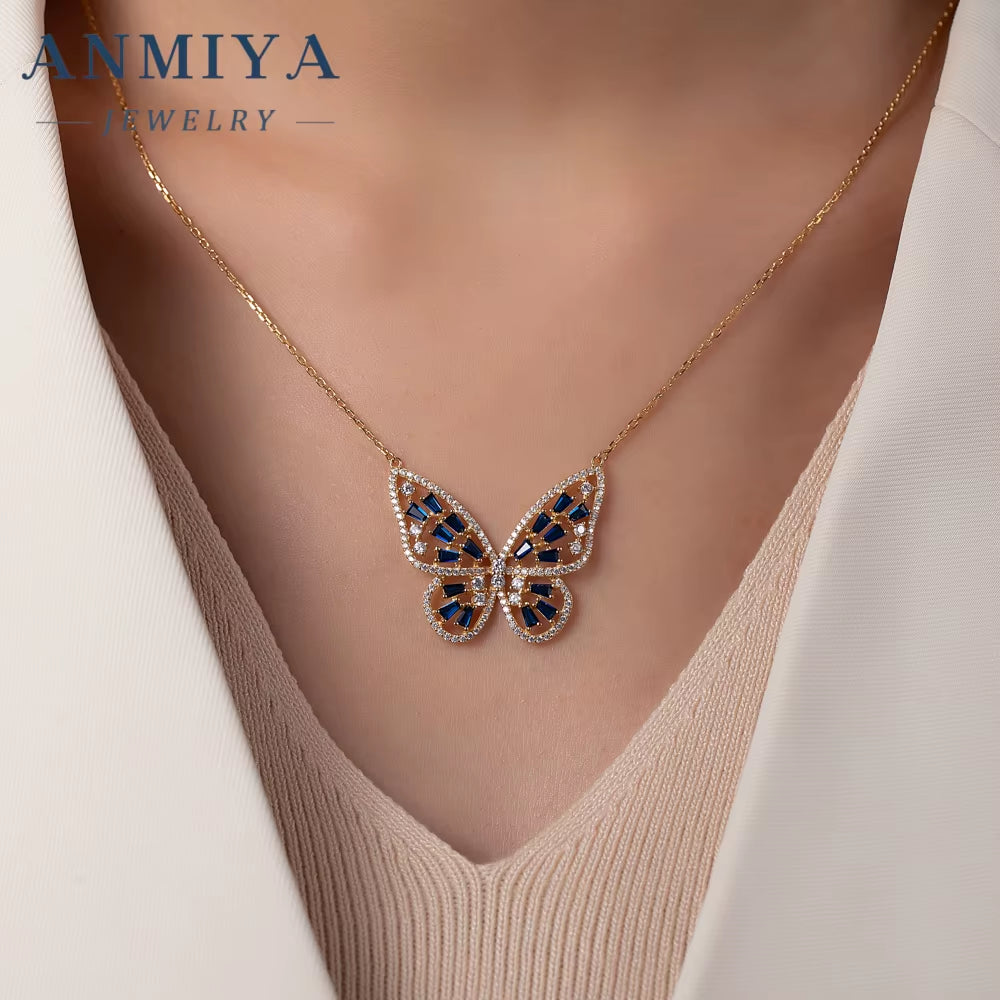ANMIYA 2025 Light Luxury 925 Silver Cubic Zircon Necklace Colorful Big Butterfly 18K Gold Necklace Chain Necklace
