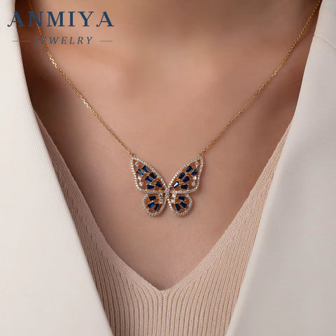ANMIYA 2025 Light Luxury 925 Silver Cubic Zircon Necklace Colorful Big Butterfly 18K Gold Necklace Chain Necklace