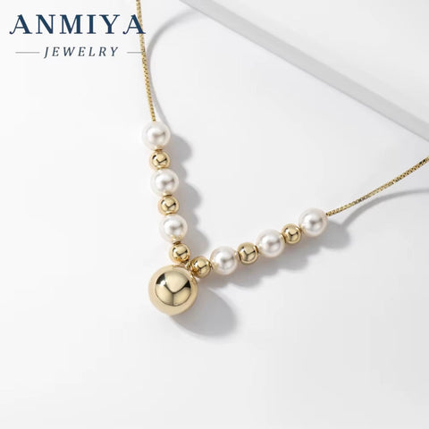 ANMIYA 18K Gold Plated 925 Sterling Silver Chain Beads Necklace Freshwater Cultured Pearl Necklace for Women Girls