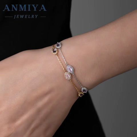 ANMIYA Custom Wholesale 925 Sterling Silver Zircon Bracelets Pink Zircon 18K Gold Link Chain Bracelets for Lovers