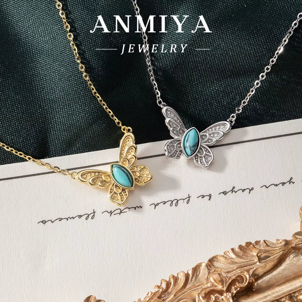 ANMIYA Women'S Trendy 925 Sterling Silver Butterfly Necklace 18K Gold Link Chain with Zircon and Turquoise Stone