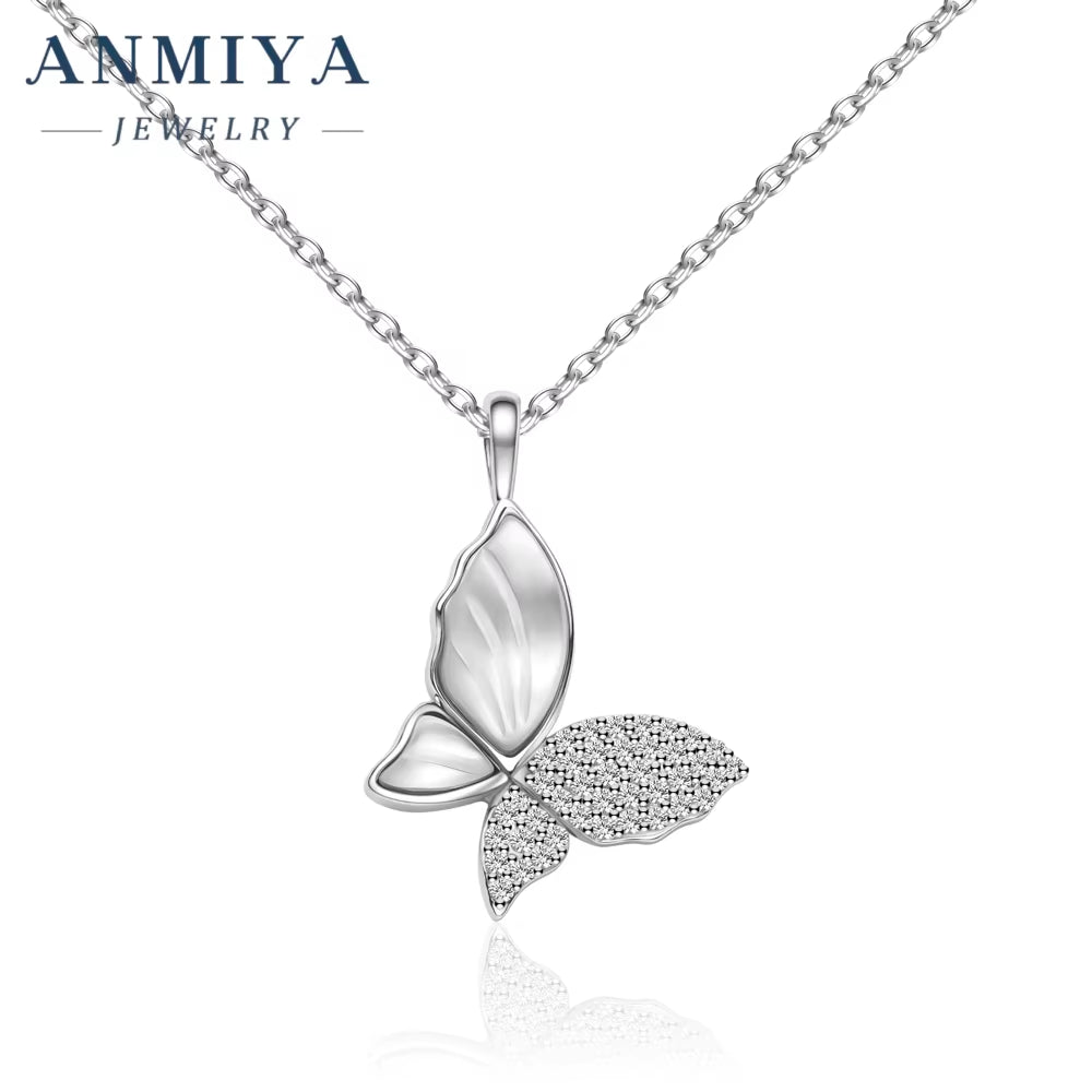ANMIYA S925 Sterling Silver Zircon Butterfly Pendant Necklaces Jewelry for Women Gift