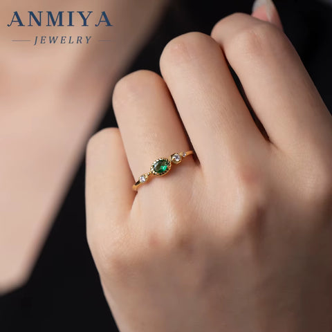 ANMIYA Europe Fashion Vintage Trendy Green Zircon Jewelry 18K Gold Plated Rings for Women