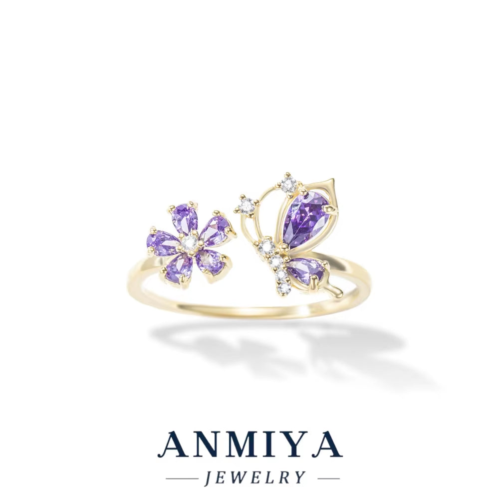 Luxury Wholesale 925 Sterling Silver Butterfly Floral Ring with Pink Purple Zircon for Party Events, Anniversary Gifts