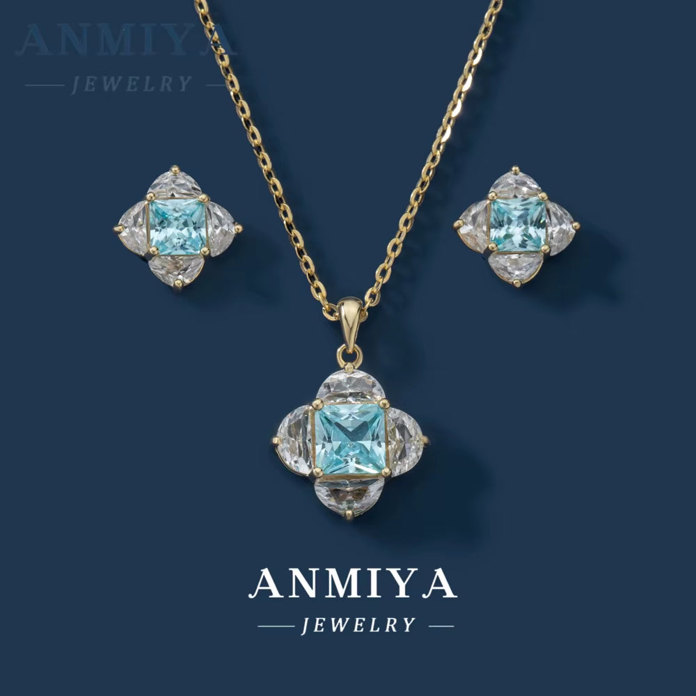 Fashion Jewelry Sets Shiny 925 Silver Zircon Pendant Sky Blue Earrings and Necklace Set Women Cz Earrings Stud Set for Gift