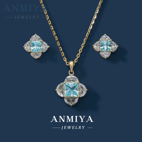 Fashion Jewelry Sets Shiny 925 Silver Zircon Pendant Sky Blue Earrings and Necklace Set Women Cz Earrings Stud Set for Gift