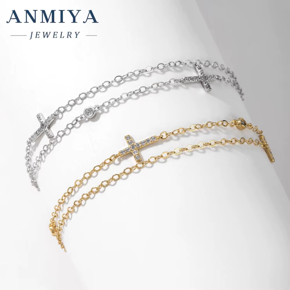 ANMIYA S925 Silver Double Link Chain Bracelet Femme Bracelets with Cross Chain