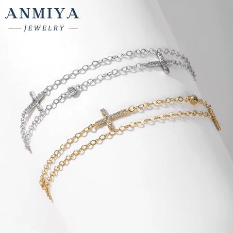 ANMIYA S925 Silver Double Link Chain Bracelet Femme Bracelets with Cross Chain