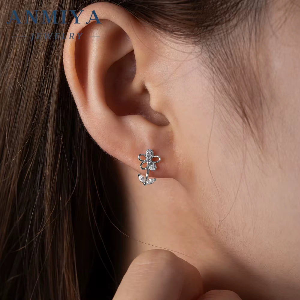 ANMIYA Fashion Wedding Jewelry Earrings New 925 Sterling Silver Clear Zircon Flower Stud Earrings for Women Gifts