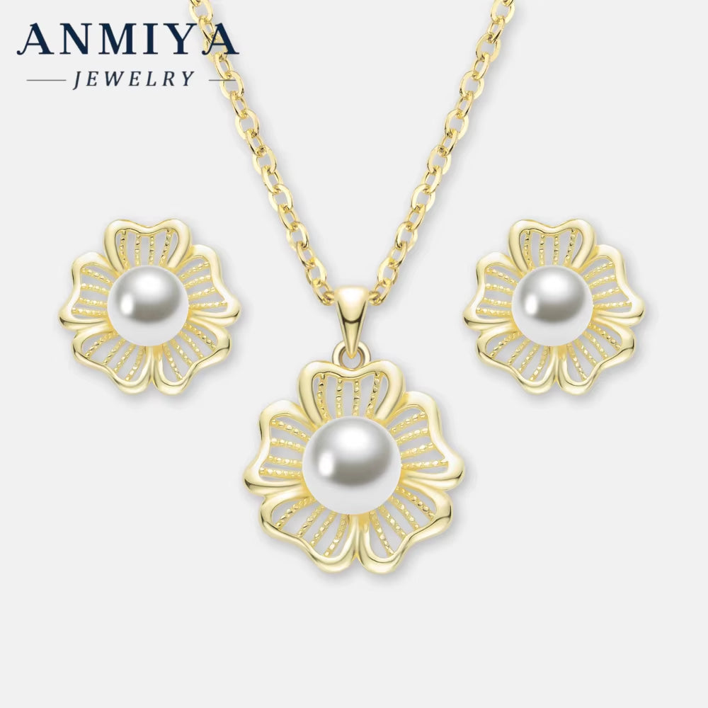 Luxury Necklace Earring Set Luxury Diamond Hollow Five Leaf Flower Pearl Charm Banquet Earring Necklace