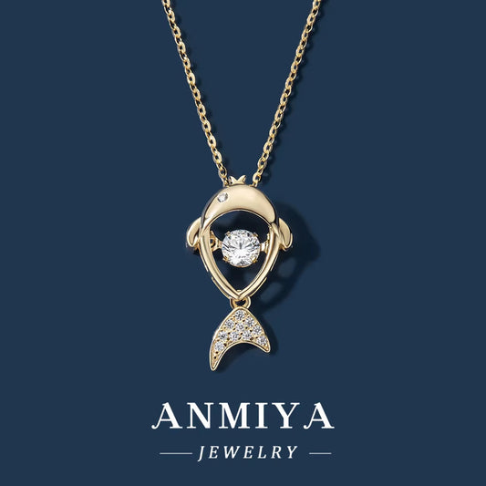 ANMIYA Custom Fine Jewelry Fish Pendant Zircon Necklaces 18K Gold Plated Unique 925 Silver Ladies Necklaces