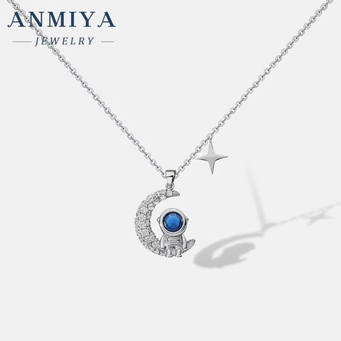 ANMIYA Cute Space Astronaut 925 Silver Moon Star Sterling Silver Necklace for Women Men