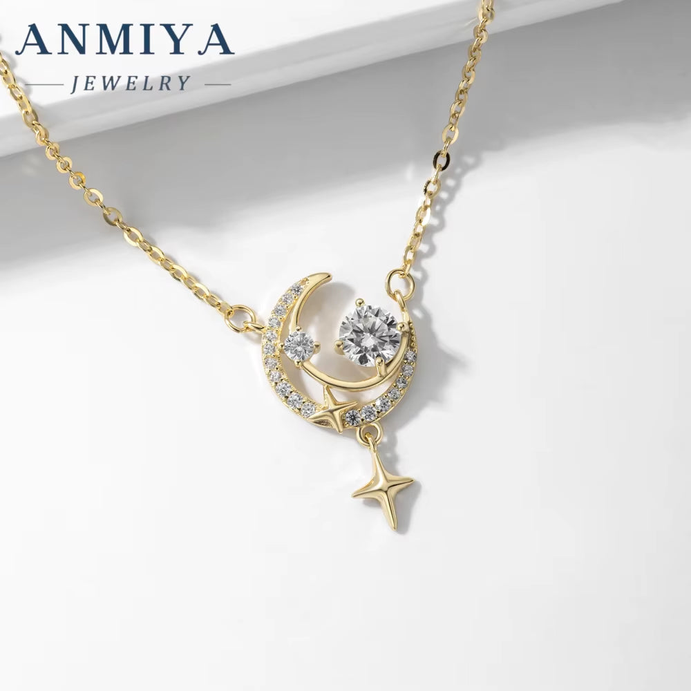 ANMIYA Fashion Women'S Waterproof 18K Gold Plated 925 Silver Moon & Star Pendant Necklace