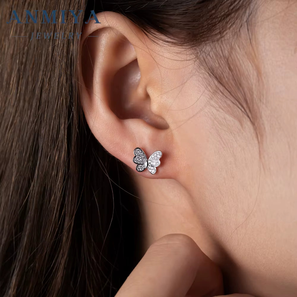 INS Trending Zircon Glaring Butterfly 925 Silver Hypoallergenic Stud Earrings for Women Girls