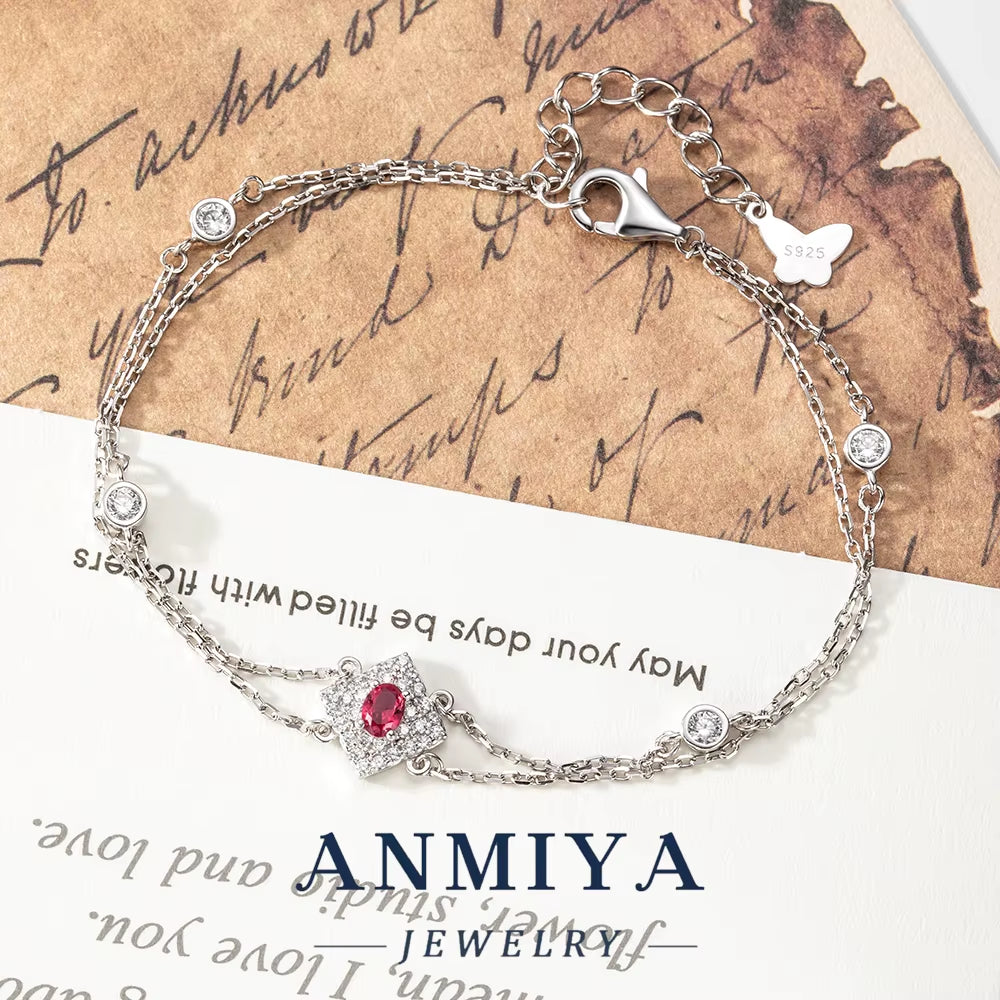 925 Silver Jewelry Geometric Clover Bracelet Double Layer with Garnet Stone Modern Bridal Jewelry for Jewelry Wholesalers