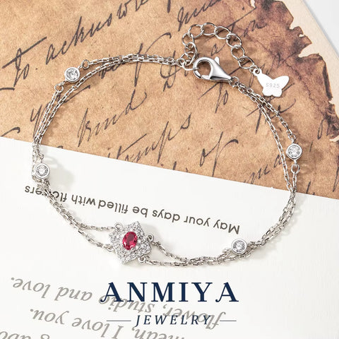 925 Silver Jewelry Geometric Clover Bracelet Double Layer with Garnet Stone Modern Bridal Jewelry for Jewelry Wholesalers