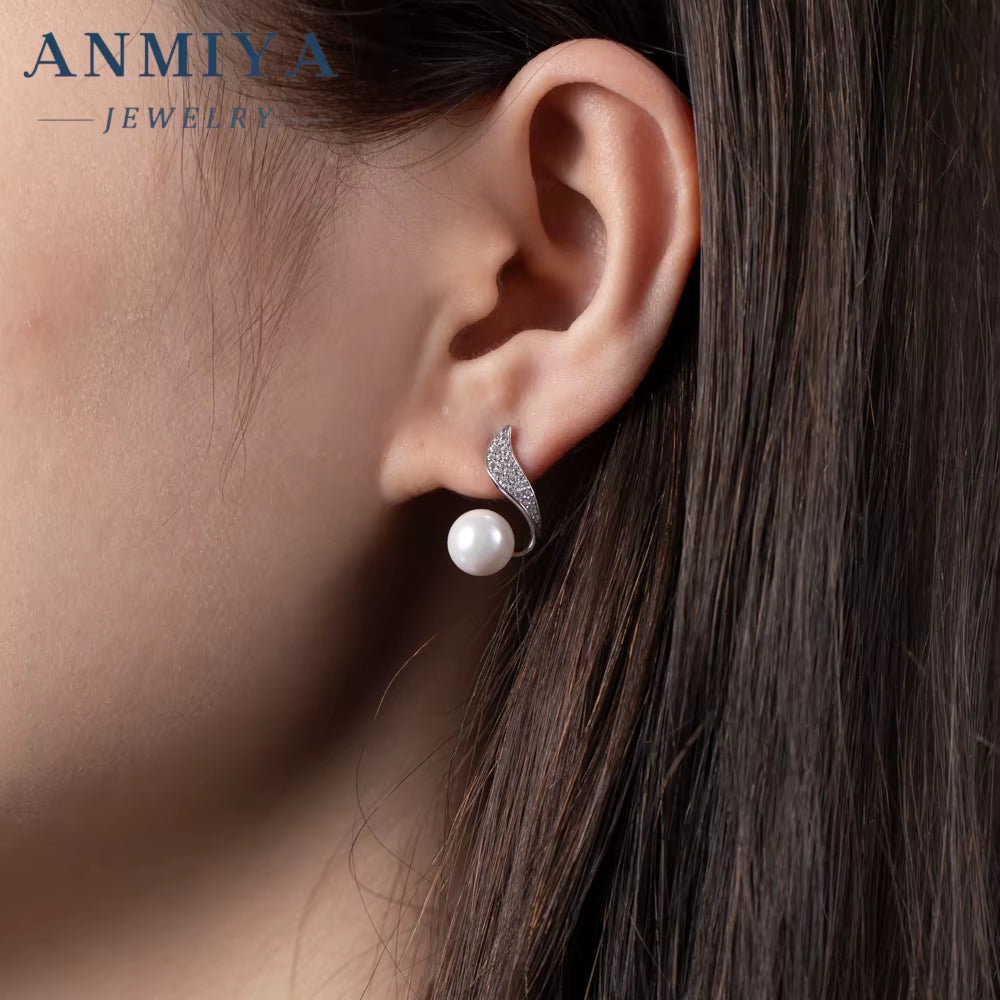 ANMIYA Custom Unique 925 Silver Modern Earrings Women Pearl Zircon Stud Earrings