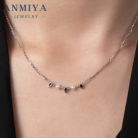ANMIYA Fashionable 925 Silver Black Rhomboid Nature Fresh Water Pearl Charm Collarbone Necklace