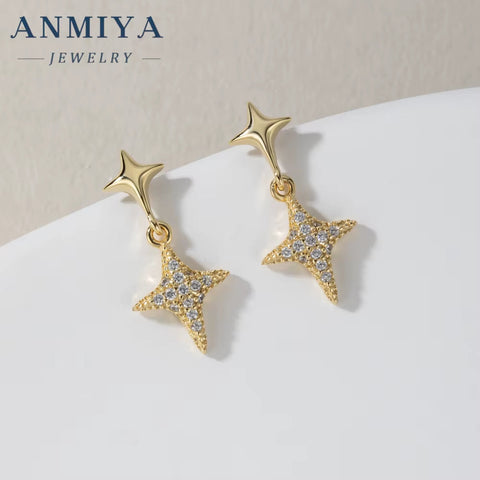 ANMIYA 925 Sterling Silver Fashion Minimalist Star Drop Inlaid 18K Gold Plated Zircon Women Stud Earrings