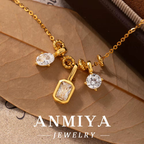 ANMIYA Customizable 14K Gold Plated Triple Zircon Pendant Necklace Delicate 925 Sterling Silver Women'S Jewelry for Parties