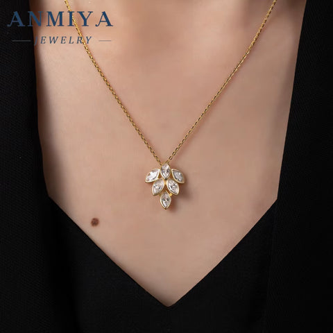 ANMIYA Custom Wholesale Fashion Ladies Necklace Earring Sets Rhinestone Long Leaf Gold Jewelry Set for Women