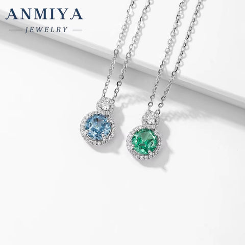 ANIMIYA Ice Heart Cut Shape round Zircon Green Blue Diamond 925 Sterling Silver Fashion Jewelry Pendent Necklaces