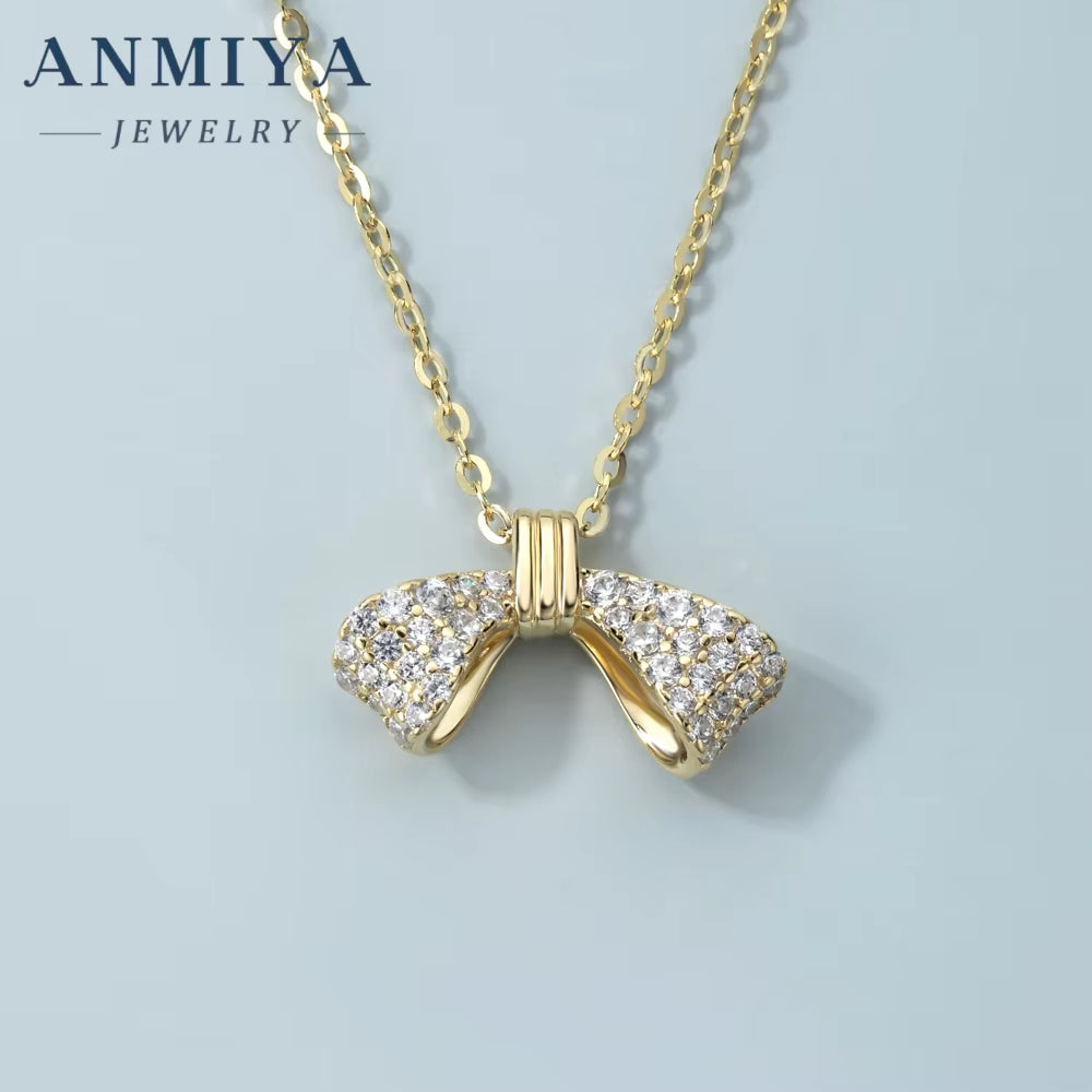 ANMIAY Simple and Fashionable S925 Silver Necklace with Zirconia Sweet and Lovely Girl'S Bow Necklace