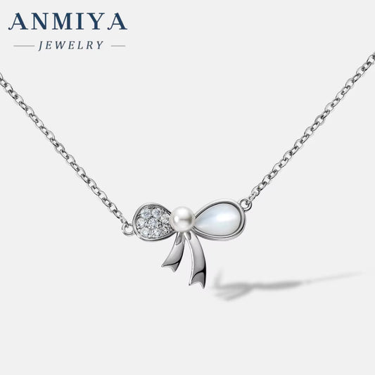 ANMIYA Trendy Jewelry Bow Necklace 925 Silver Bowknot Pendant Necklace Diamond White Shell Butterfly Necklace for Women