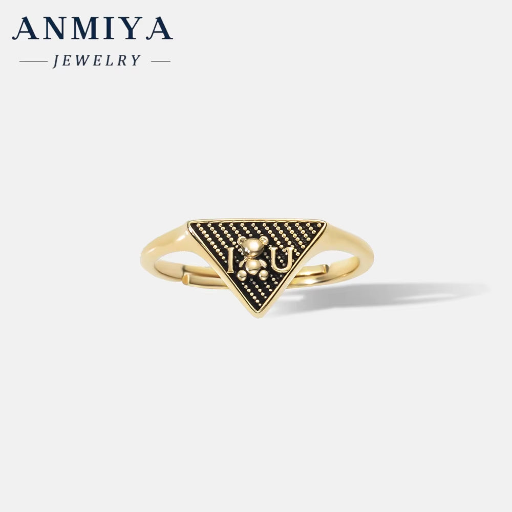 ANMIYA Luxury 925 Sterling Silver Chunky Rings 18K Gold Heart Shaped Triangle Ring Set for Lover Women Anniversary Gift