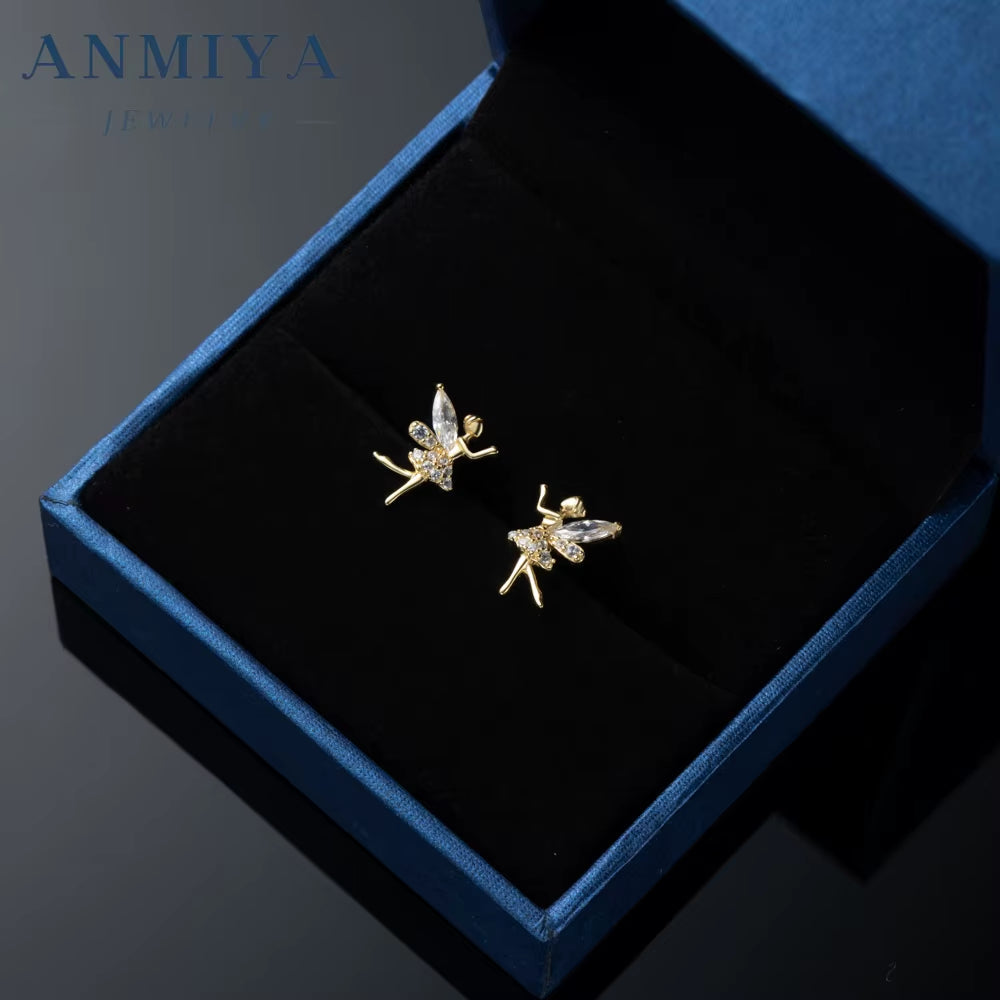 ANMIYA Manufacturer Latest Design Elf Fairy Shape Zircon Hypoallergenic S925 Silver Stud Earrings for Girl