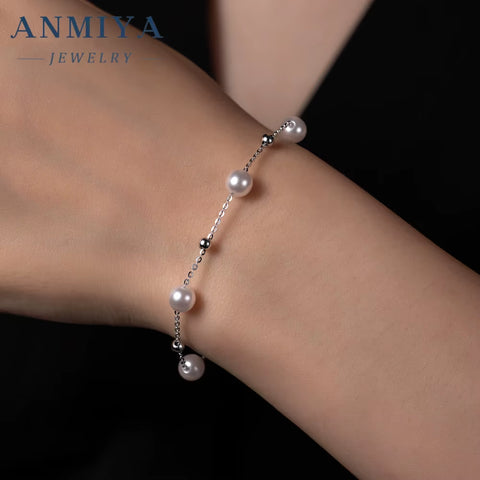 ANMIYA Wholesale Classic Fresh Water Pearls 925 Silver Link Chain Bracelets Hand Chain for Women Ladies Bestfriend Jewelry