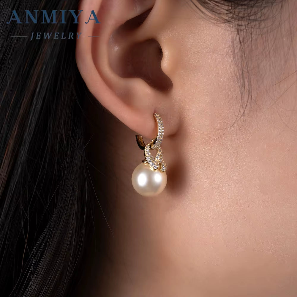 ANMIYA Wholesale 925 Sterling Silver Statement Fresh Water Pearl Cubic Zirconia Pearl Hoop Earrings