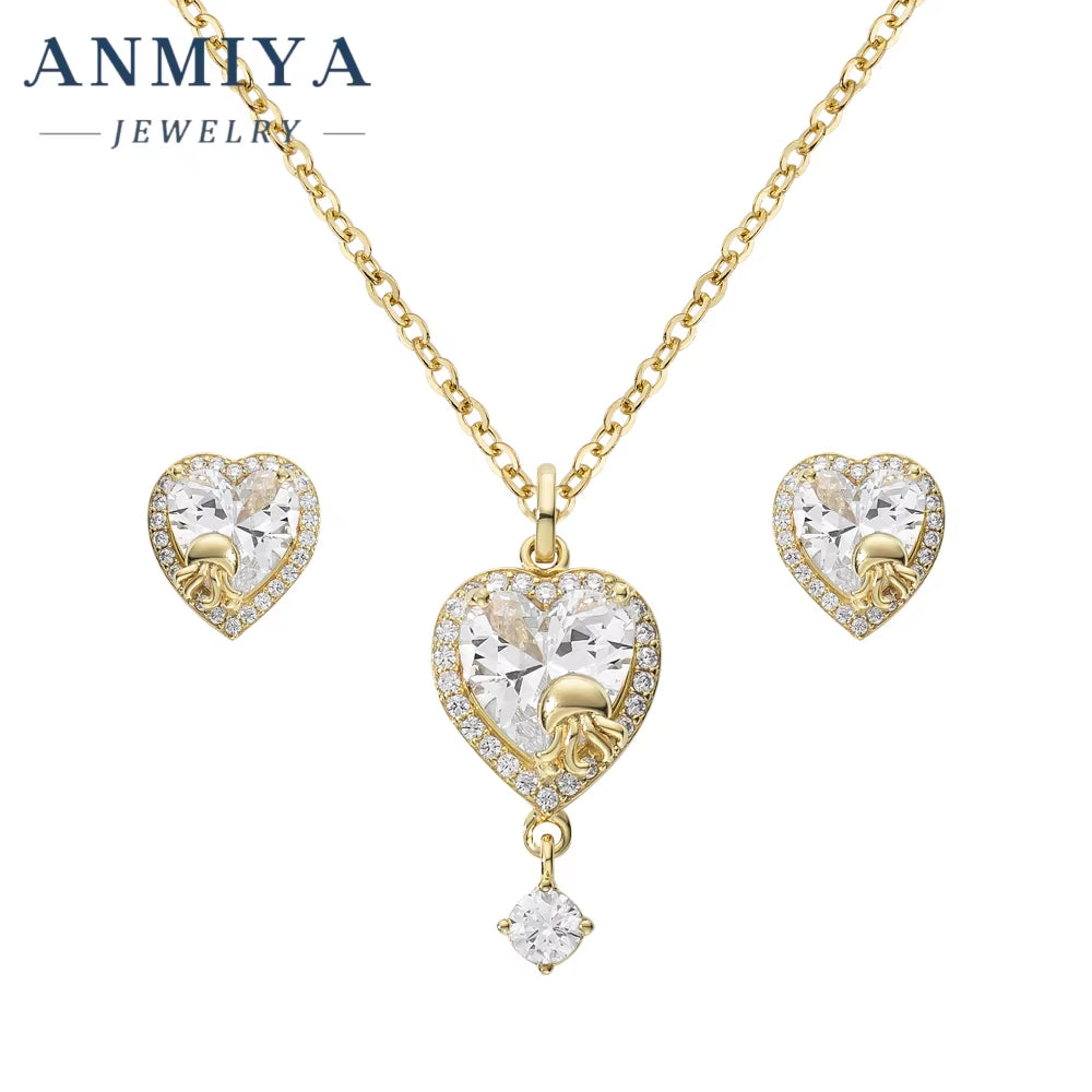ANMIYA Best Selling 925 Sterling Silver Luxury Necklace Earrings Set for Women Zircon Heart Necklace Fine Jewelry Set