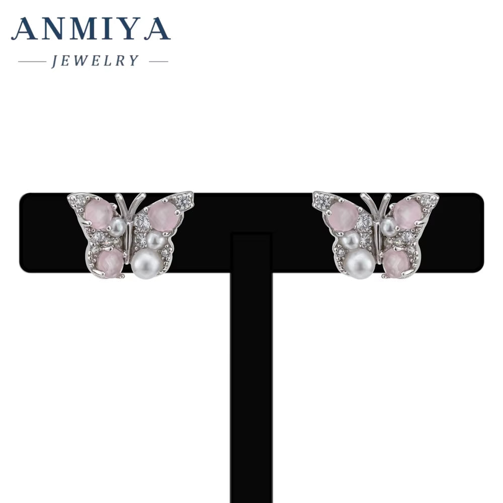 ANMIYA Wholesale Sterling Silver 925 Rhinestone Butterfly Shape Pearl Stud Earrings