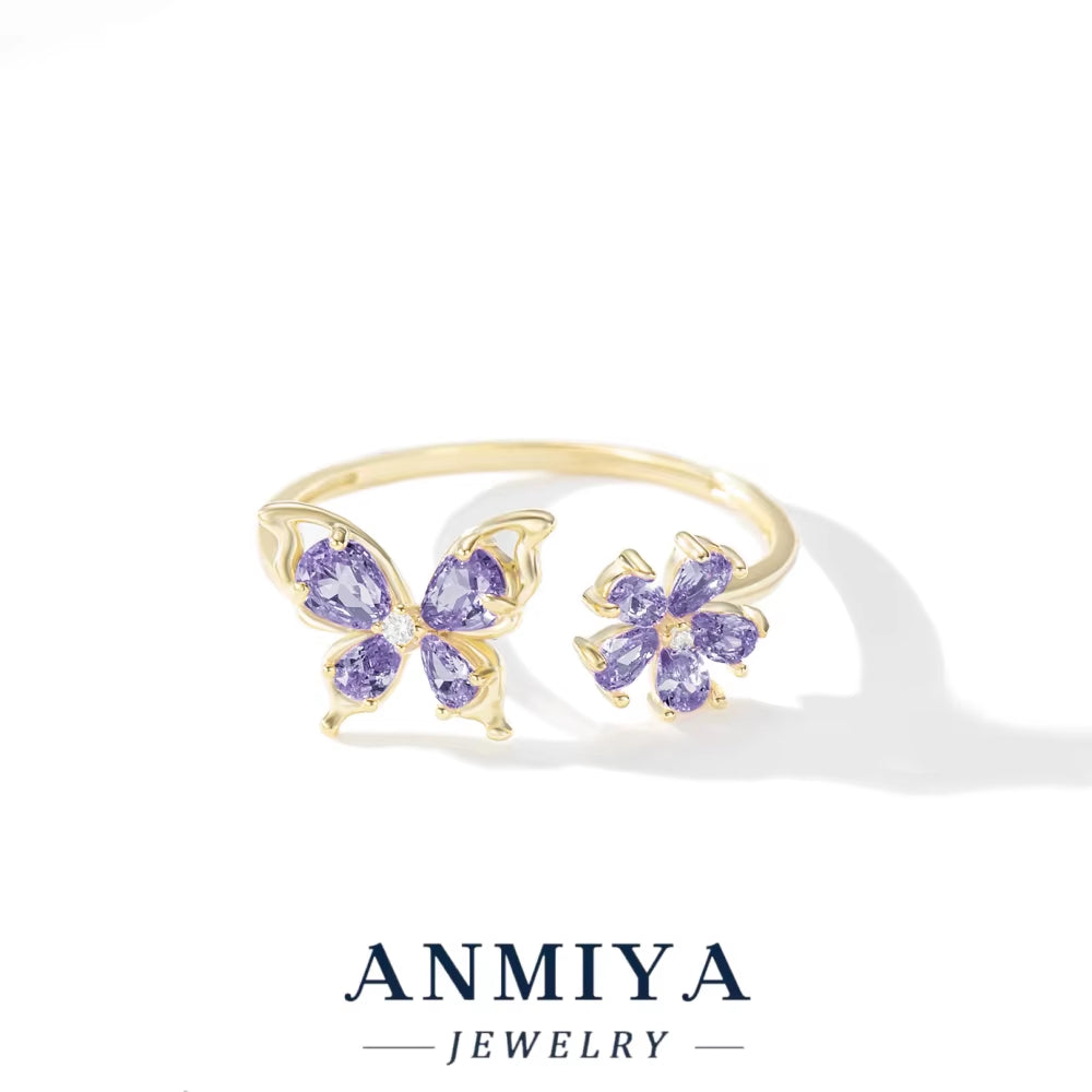 925 Sterling Silver Wholesale Butterfly Ring with Pink Purple Zircon, Bulk Flower Jewelry for Holiday Wedding, Anniversary Gifts