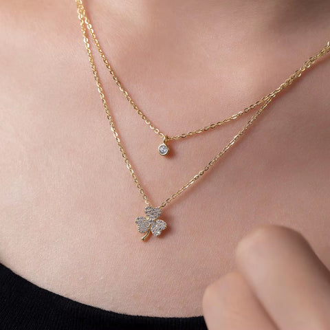 Double Layer Clover Set Chain Gold Glitter Diamond Zircon Collarbone Chain Temperament Necklace Women'S Japanese and Korean