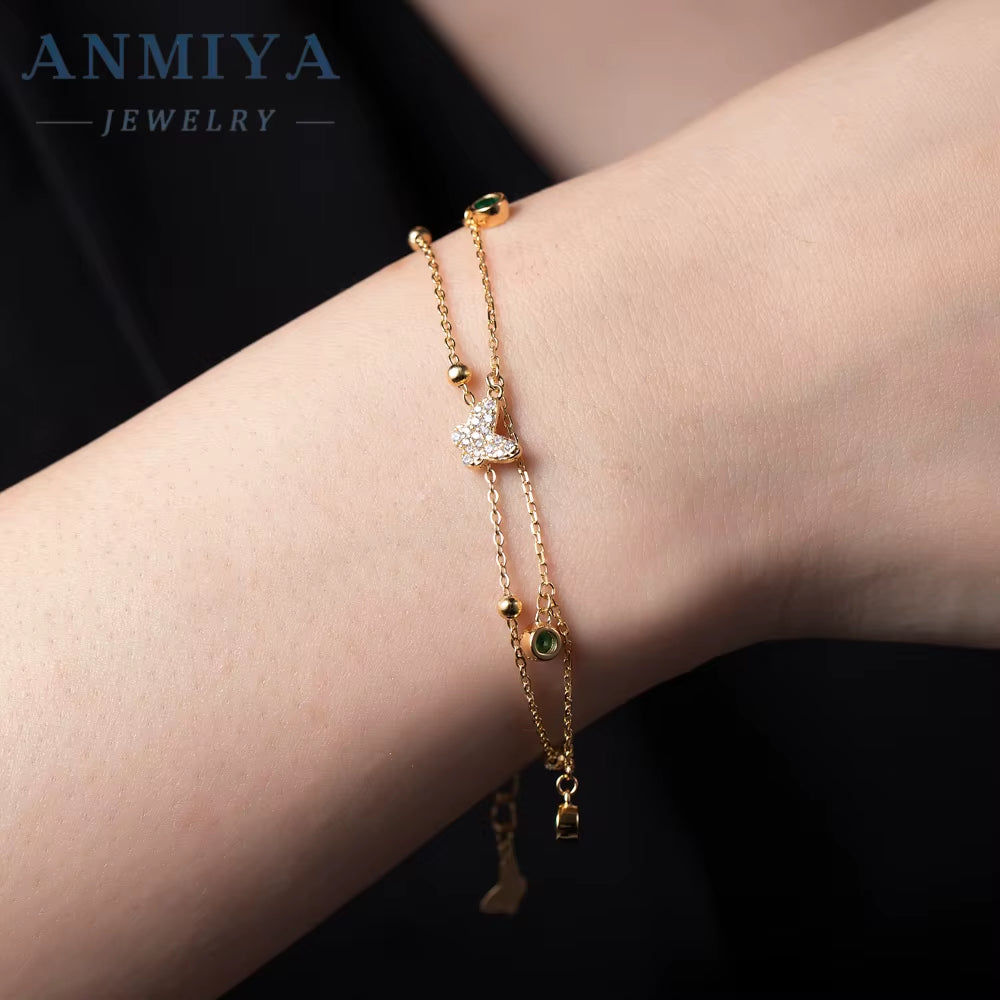 ANMIYA 925 Sterling Silver Chain Bracelet 18K Gold Butterfly Zircon Charm Bracelet for Women