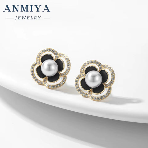 ANMIAY 18K Gold 4 Leaf Clover Flower Stud Classic Earrings Real Leaf Earrings Clover Stud 18K Gold 925 Silver Leaf Stud Earrings