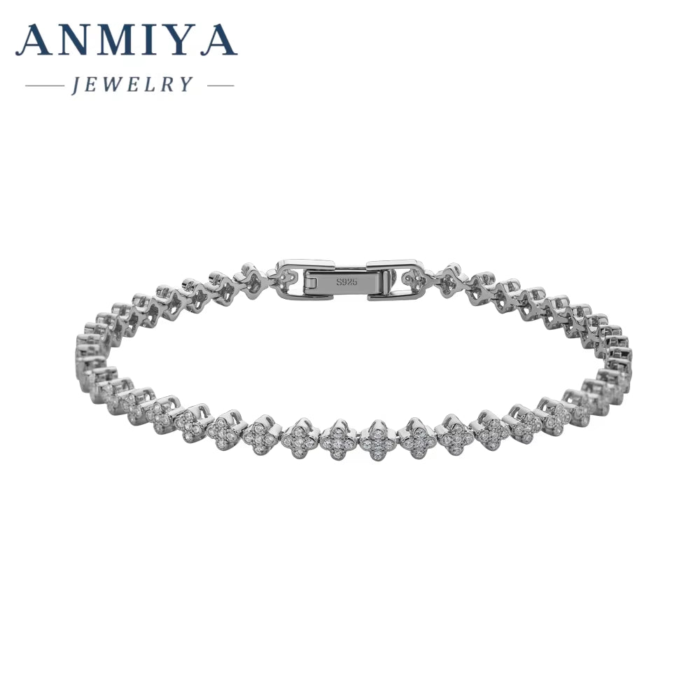 ANMIYA 925 Silver Fashion Charm Bracelet Inlaid Four Leaf Clover Zirconia Tennis Chain Clover Waterproof Bracelet for Women
