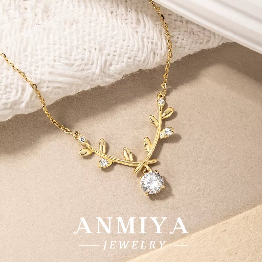 ANMIYA Cubic Zirconia Leaf Shape Women Party Wedding Necklace Set 925 Sterling Silver Dubai Bridal Jewelry