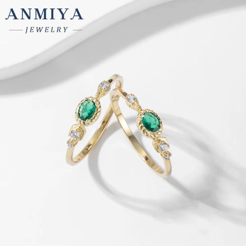 ANMIYA Europe Fashion Vintage Trendy Green Zircon Jewelry 18K Gold Plated Rings for Women