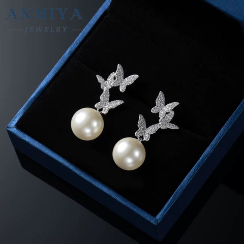 Hypoallergenic Needle French Style Vintage Pearl Butterfly Earrings Micropaved Zirconia Sparkling Hoop Earring Bridal Jewelry