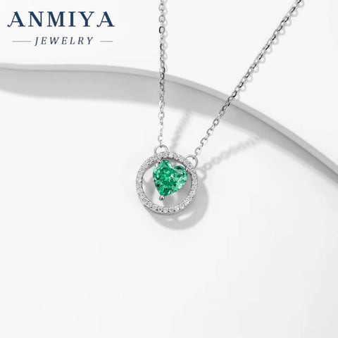 ANIMIYA 925 Sterling Silver Fashion Jewelry Pendant Necklaces Ice Heart Cut Shape with Zircon Green Blue Pink Diamond Weddings